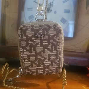 DKNY Mini Tan Monogram Pouch with Stainless Steel DKNY Clip NEW